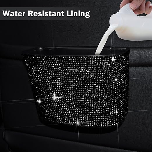 Car Trash Can, Hanging Trash Bin, Leakproof Garbage Organizer, Bling Vehicle Waste Basket, Mini Dustbin Container with Clip for Car, Office, Kitchen, Bedroom, Home and More, Black, Small