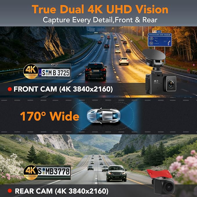 4K Dash Cam Front and Rear, STARVIS 2 Night Vision, Free 64GB Card, 5GHz WiFi with App, Built-in GPS, Dash Camera for Cars 170° Wide Angle, 3" IPS Screen, Loop Recording, 24H Parking Monitor