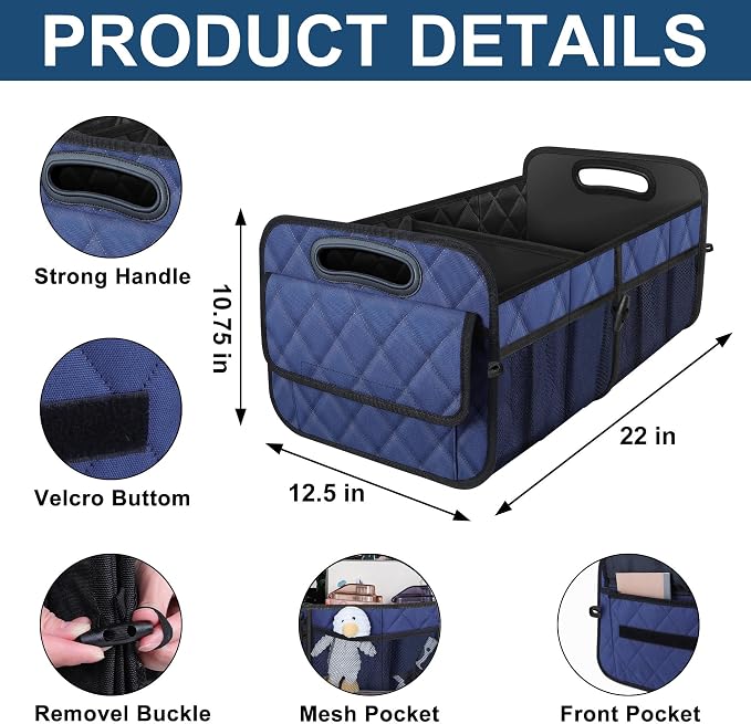 Car Trunk Organizer for SUV, Car Organizers and Storage with Reinforced Handles, Car Accessories for Women/Men 50L Waterproof Polyester Trunk Organizer(Medium, Dark Blue)