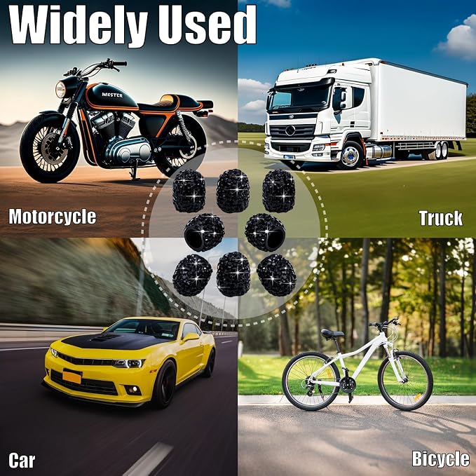 8PCS Bling Crystal Diamond Tire Stem Valve Caps, Dustproof Car Wheel Tire Valve Caps Universal Tire Valve Stem Covers for Cars, SUV, Trucks, Bikes, Motorcycles, Bicycles (Black)