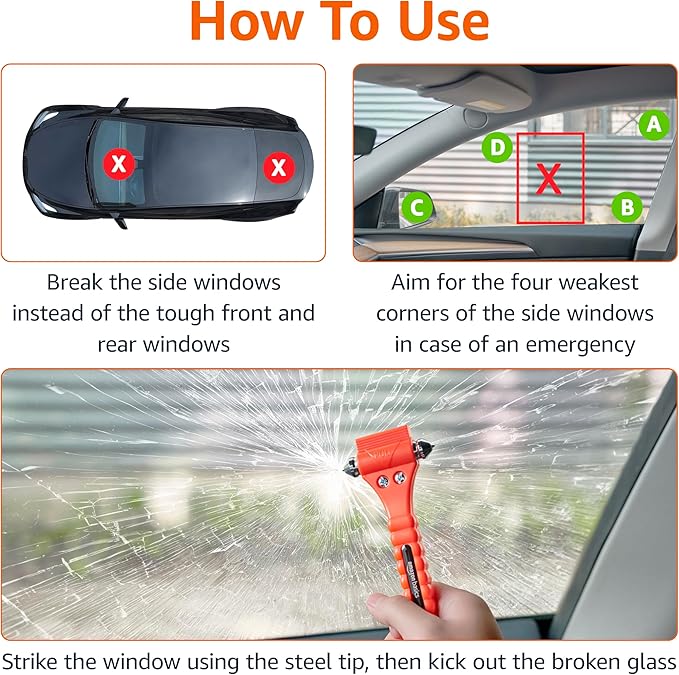 Emergency Escape Tool, Window Breaker and Seatbelt Cutter, Car Safety Hammer with Protective Bracket, Bright Orange, 2 Pack, SW-835
