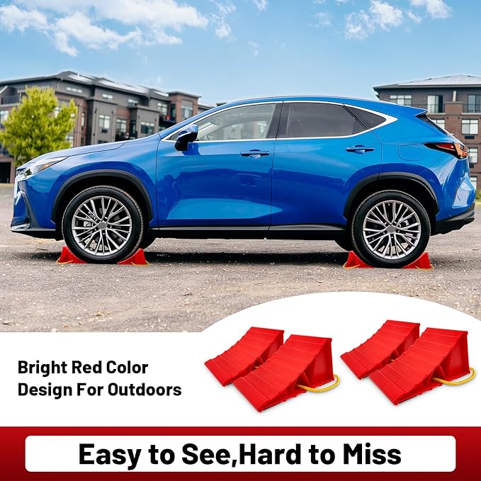 2 Pair Wheel Chocks for Travel Trailers, Non Slip Heavy Duty Red Wheel Chock with Rope, Lightweight Wheel Stoppers for Cars Campers Trucks RVs, Easy to Carry & Suitable for Most Tyre Sizes