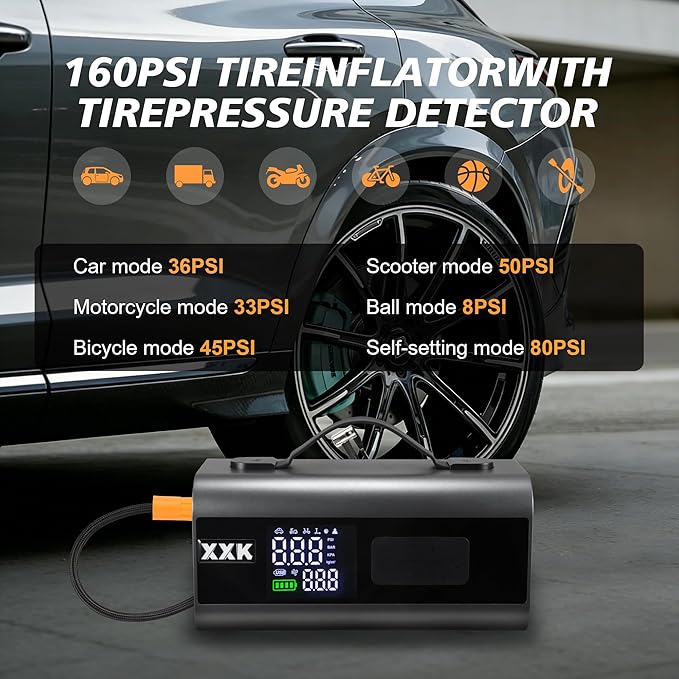 Tire Inflator Portable Air Compressor,2000A Battery Car Jump Starter, Auto Shut-Off,160PSI Air Pump with Tire Gauge Pressure&LED Light,15000PA Vacuum with Suction &Blow, for Cars, Motorcycles, Balls