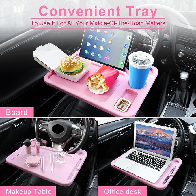 4 in 1 Car Steering Wheel Desk for Laptop,Versatile Upgraded Car Seat Tray,Spacious Steering Wheel Table with Tablet Holder and Dual Sauce Racks,Steering Wheel Under Table Console (Large+Pink)