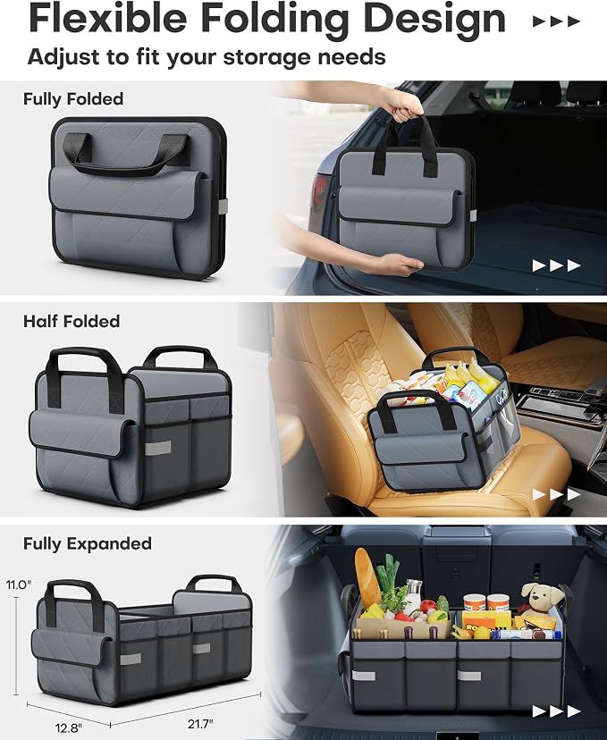 Trunk Organizer for SUV – Foldable & Portable Car Organizers and Storage with 2 Compartments, Large Capacity Car Trunk Organizer Car Accessories for Truck Sedan, Grey, 21.7" x 12.8" x 11.0"