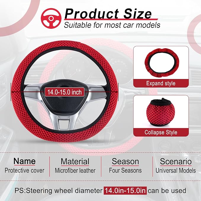 Elastic Stretch Steering Wheel Cover, Universal Interior Accessories Steering Wheel Cover for Women & Men, Breathable Microfiber Ice Silk, Anti-Slip, Odorless, Easy Carry(Red)