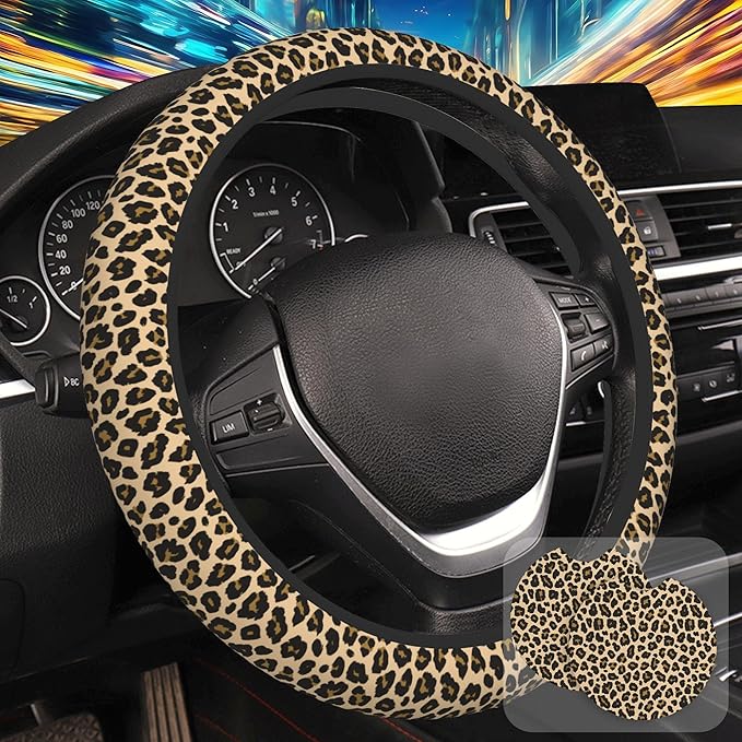 Leopard Animal Skin Steering Wheel Cover for Women, Anti-Slip Car Steering Wheel Cover with 2 Pcs Cup Holders Neoprene Breathable Car Accessories Universal 15 Inch Auto Interior Decor