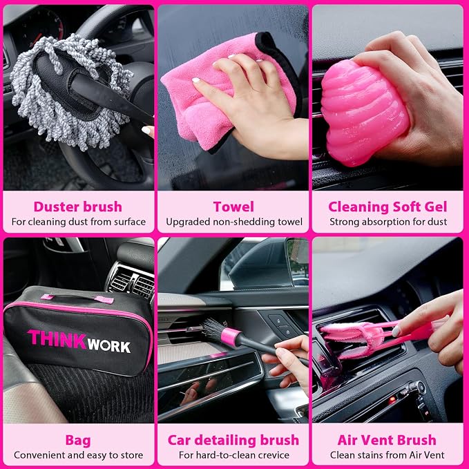 Car Detailing Kit Interior Cleaner, Car Cleaning Kit with 8000PA Cordless Pink Handheld Vacuum Cleaner, Car Interior Detailing Brush Set, Pink Car Accessories, Gift for Women
