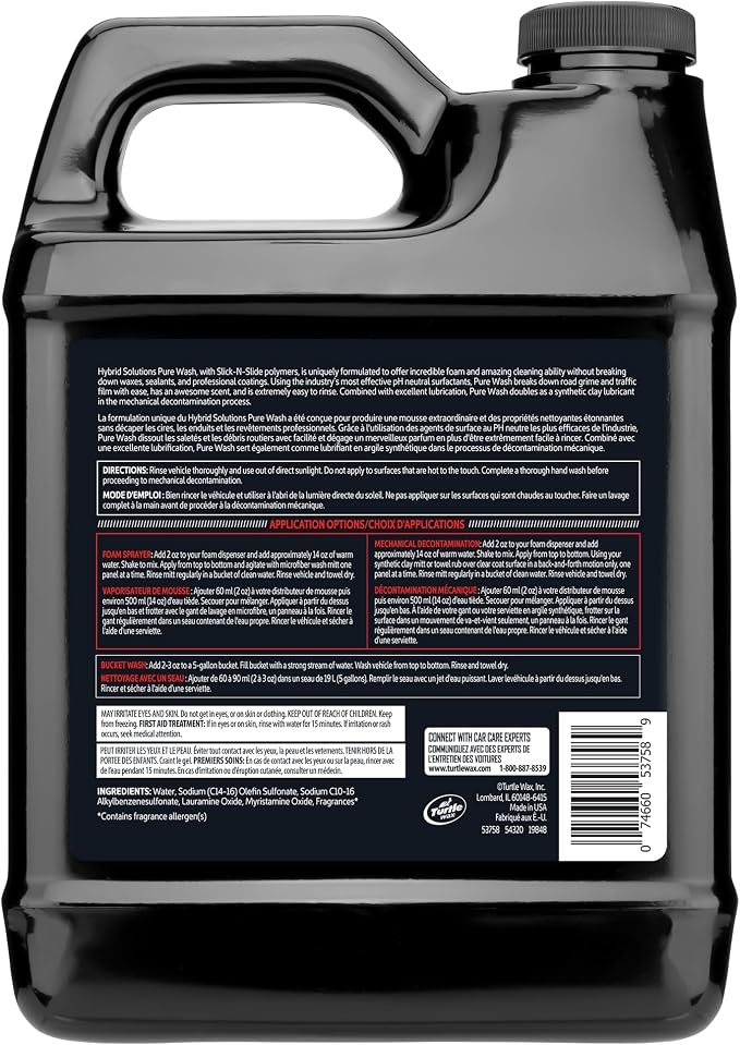 Hybrid Solutions Pure Wash, pH Neutral Extreme Foaming Car Wash Soap, Bucket or Foam Cannon Application, Won't Strip Waxes or Coatings, Clay Bar Lubricant, Spot-Free Clean, 64 fl oz