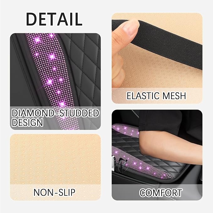 Bling Rhinestones Center Console Covers for Cars,Upgraded Arm Rest Cover for Car with Side Storage Pocket for Car Seat Organizer,Middle Console Cover Stylish Car Decoration (Bling Purple)