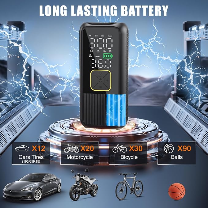 Tire Inflator Portable Air Compressor, 4X Faster 150PSI Smart Air Pump for Car Tires with Digital Pressure Gauge, Portable Fast Tire Inflator for Car, Bike, Motorcycle, Balls