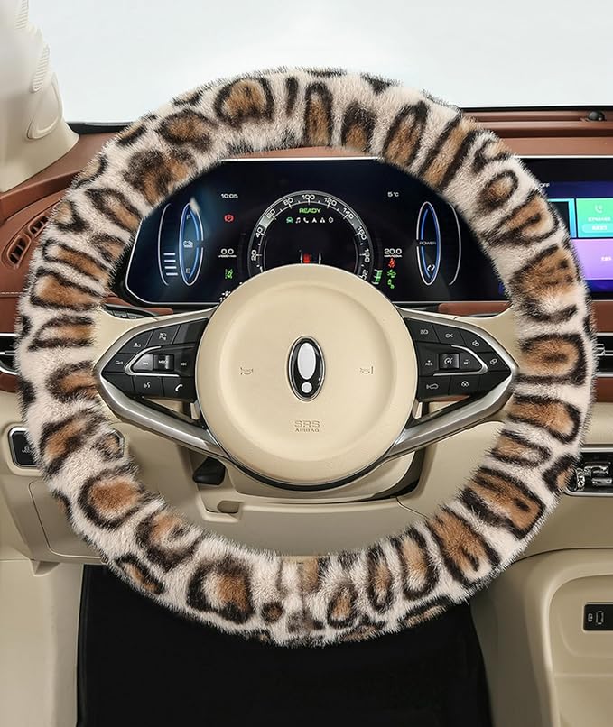 Fluffy Cheetah Car Steering Wheel Cover Luxurious Faux Fur Leopard Print Cute Wheel Protector Universal 15 Inch Fit for Vehicle, Car, Auto, SUV Winter Warm (Beige)