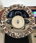 Fluffy Cheetah Car Steering Wheel Cover Luxurious Faux Fur Leopard Print Cute Wheel Protector Universal 15 Inch Fit for Vehicle, Car, Auto, SUV Winter Warm (Beige)