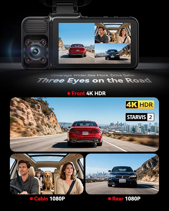 F17 4K 3 Channel Dash Cam, STARVIS 2 IMX675 HDR, 2160P+1080P+1080P Front Inside and Rear Triple Car Camera with 64GB Card, 5.8GHz WiFi GPS, IR Night Vision, G Sensor, WDR, Parking Mode
