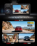 F17 4K 3 Channel Dash Cam, STARVIS 2 IMX675 HDR, 2160P+1080P+1080P Front Inside and Rear Triple Car Camera with 64GB Card, 5.8GHz WiFi GPS, IR Night Vision, G Sensor, WDR, Parking Mode