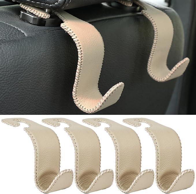 Car Seat Headrest Hook 4 Pack Metal Core Hanger Universal Car Storage Organizer for Handbag Purse Coat S Type Leather Beige
