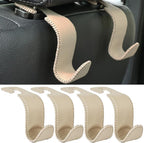 Car Seat Headrest Hook 4 Pack Metal Core Hanger Universal Car Storage Organizer for Handbag Purse Coat S Type Leather Beige