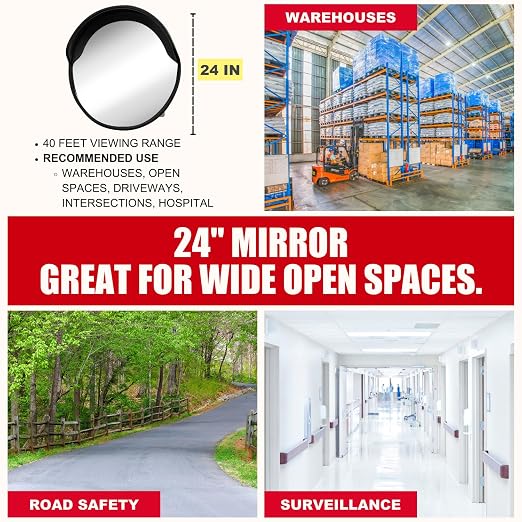 Large 24 Inch Convex Mirror for Blind Spots - Shatterproof Polycarbonate, 180° Wide View for Driveways, Intersections, Warehouses, Roads, and Large Areas - Indoor & Outdoor Security Mirror