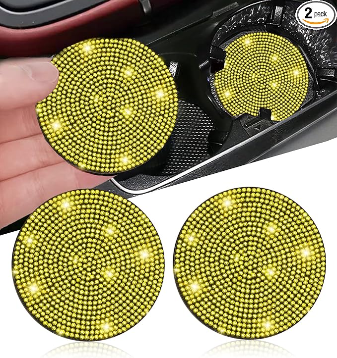 2pcs Bling Car Cup Holder Coaster, 2.75 inch Anti-Slip Shockproof Universal Fashion Car Coasters Insert Bling Crystal Rhinestone Automotive Interior Accessories for Women (2 pcs, Yellow)