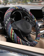 Boho Steering Wheel Cover with Baja Blanket Cloth, Ethnic Style Auto Wheel Cover Made of Coarse Flax, Fits 14 1/2-15 1/4 inches Car Wheel
