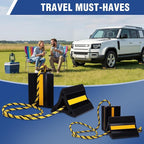 4-Pack Rubber Wheel Chocks with Rope & 3 Reflective Strips, Heavy Duty Non-Slip Tire Stoppers for Cars, SUVs & Trailers, Rubber Wheel Wedges for Garage & Driveway