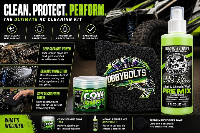 CowRC Cleaning Kit – Moo-Kleen 8oz Pre-Mix Spray, Cow Cleaning Snot Gel & Microfiber Cloth – RC Car, Truck, Buggy & Airplane Cleaning Supplies – Removes Dirt, Oil & Grime