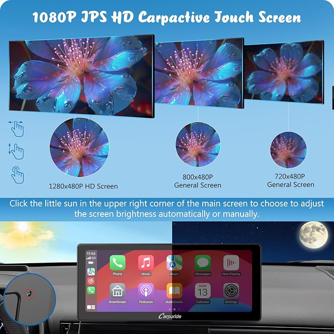 Carpuride W103 Pro with Wireless Bluetooth Transmission Portable Carplay & Android Auto Car Stereo, 10.3 inch 1080P Touch Screen, Mirror Link/GPS/Siri/FM, with 3 Bracket，Dual BT