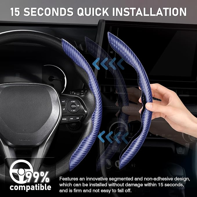 Steering Wheel Cover, Carbon Fiber Steering Wheel Cover for Men/Women, Anti-Slip, Comfortable Grip, Durable, Universal for 99% Car Interior Accessories (Dark Blue)