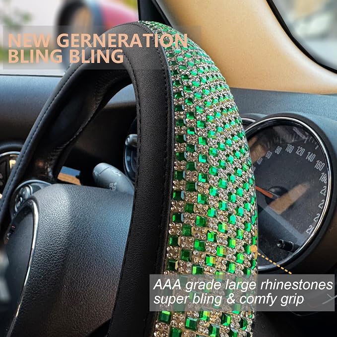 Bling Bling Comfy Steering Wheel Cover with Jumbo Crystal Rhinestones, Anti-Slip Diamond Leather, Universal 15 Inch (Vivid Green)