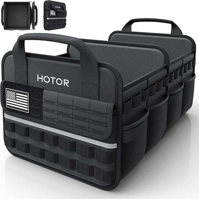 Tactical Car Trunk Organizer - Foldable Trunk Organizer for SUV with Front MOLLE Pocket & Reflective Strips, Essential Car Accessories for Tools & Outdoor Storage, 12.8" x 21.7" x 11.0", Black