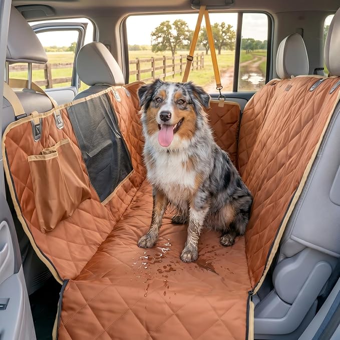 56"Wx60"L Dog Car Seat Cover for SUV & Truck, Heavy Duty 900D Waterproof Pet Hammock with Mesh Window, Odorless Scratchproof Backseat Protector for Large Dogs, Fit Model Y, F-150, RAV4 - Brown