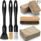 9PCS Car Interior Detailing Set, Microfiber Cloth & Applicator, Single-Head Detailing Brushes, Natural Bristles, Scratch-Free & Ultra-Soft for Seats Leather Care or Cleaning