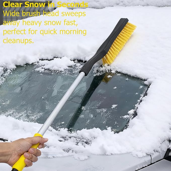 32" Aluminum Snow Brush & Ice Scraper 2-in-1 Winter Car Tool with Non-Slip Foam Grip and Scratch-Free Bristles for Cars, SUVs & Trucks, Yellow