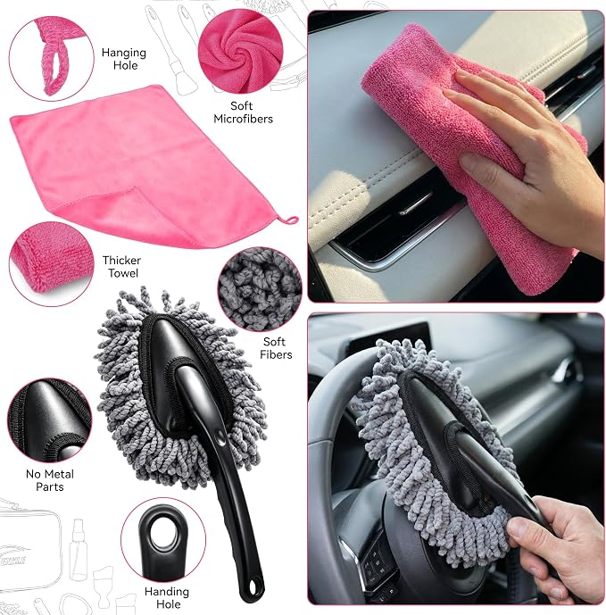 Car Interior & Glass Cleaning Kit, 16Pcs Car Detailing Kit - Car Duster Brushes & Detailing Supplies, Interior Car Cleaner with Windshield Cleaner Tool, Vent Brush & Microfiber Towel, Storage Bag