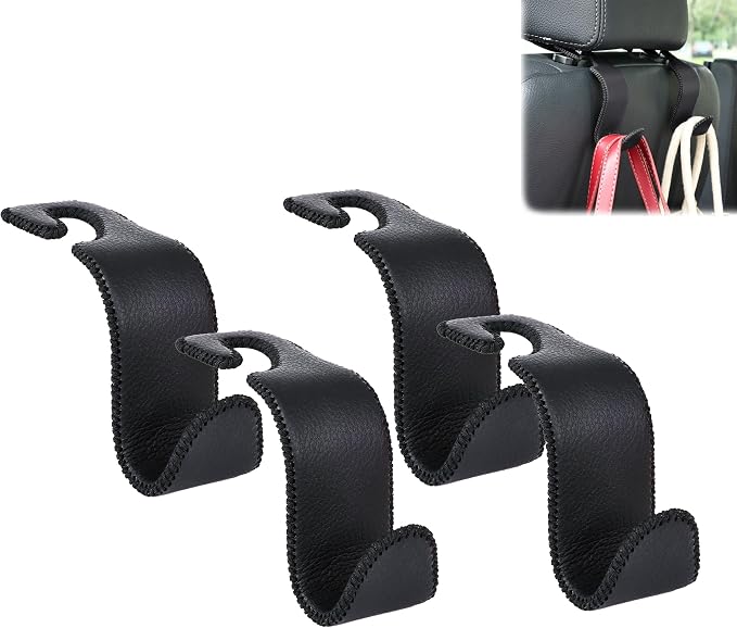 Car Seat Headrest Hook Universal Vehicle Storage Hanger Leather with Metal Car Seat Back Organizer for Handbag Purse Coat Black 4 Pack
