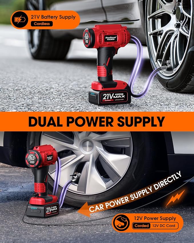 Cordless Tire Inflator Portable Air Compressor, 160PSI Car Tire Air Pump, 21V Rechargeable Battery Powered Air Compressor, Dual Power, Larger HD Digital Gauge w/4+N Smart Modes (Red)