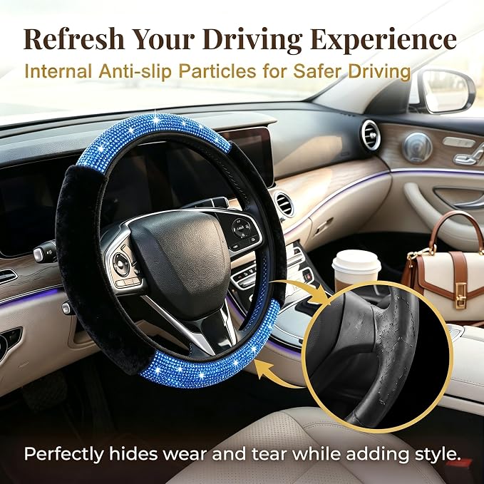 Bling Steering Wheel Cover Fluffy Rhinestone for Women Girls | Blue Diamond Elastic Car Steering Wheel Accessories Sparkling Fur Steering Wheel Protector Winter Warm Universal Fit 14"-15"