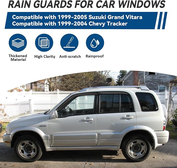 4pcs Front+Rear Smoke Tint Sun/Rain Guard Outside Mount Tape-On Vent Window Visors Compatible with 99-05 Grand Vitara 99-04 Tracker