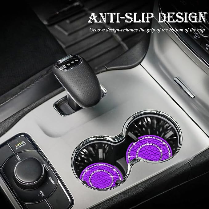2PCS Bling Crystal Rhinestone Cup Holder Coaster, 2.75 inch Soft Silicone Anti-Slip Shockproof, Car Cup Holder Insert Coasters, Universal Car Interior Accessories for Women (Purple & White)