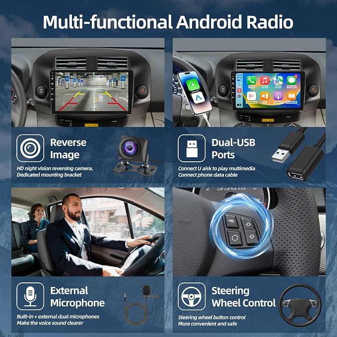 4+64G Android Car Stereo for Toyota RAV4 2007-2011, Wireless Carplay & Android Auto - 10 Inch IPS Touchscreen Radio with 32EQ DSP, WiFi, FM RDS, GPS, Mirror Link + AHD Rear View Camera