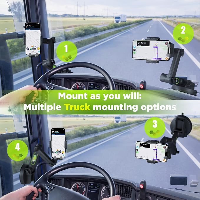 Cell Phone Mount for Truck Phone Holder for Truck Drivers - Heavy Duty Suction Cup, iPhone Holder for Dashboard Window 16.9 inch Long, for iPhone & Samsung, Big Rig Trucker, Gray
