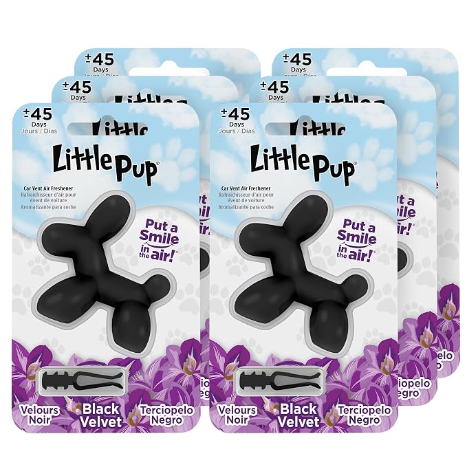 Little Pup 96605-6PK Black Velvet Scent, Car Air Freshener, Clips to A/C Air Vent, Alcohol-Free Fragrance Oil, Non-Hazardous and Non-Toxic Plastic, Set of 6