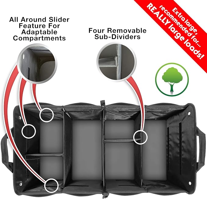 XL Heavy-Duty Trunk Organizer – Reinforced SUV & Truck Cargo Storage with 6 Adjustable Compartments, Non-Slip Base & Securing Straps (Foldable Design, Black)