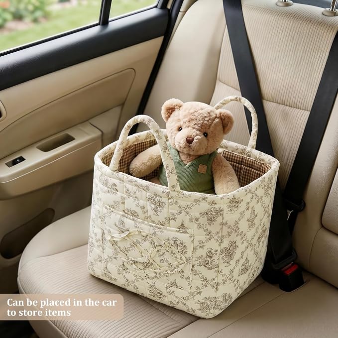 Floral Fabric Storage Basket Car Interior Storage Basket Underwear Sundries Laundry Baskets Supplies Home Organizer Bag (Coffee 1)