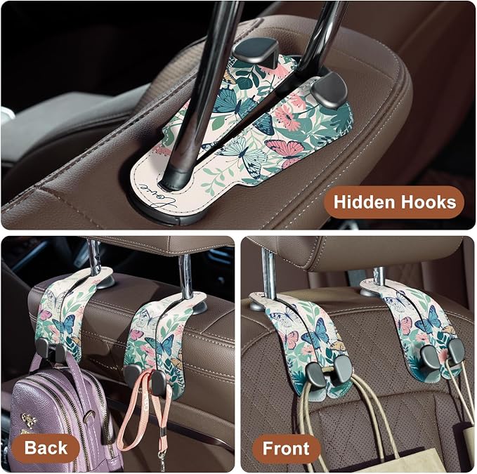 CoBak Purse Hook for Car - Universal Premium Stitched Leather and Aluminum-Magnesium Alloy Double Car Seat Back Storage Hook for Purses, Handbags, Bags (2 Pack),Whipering Garden