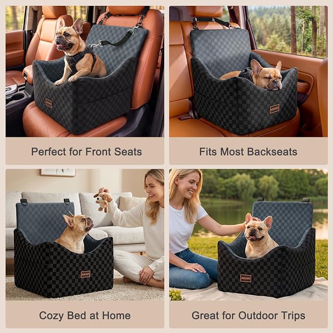 Elevated Dog Car Seat for Small/Medium Dogs up to 35 lbs, Memory Foam Booster Seat with Detachable Washable Cover, Travel-Safe Car Bed with Safety Belts & Storage Pockets, Dark Grey