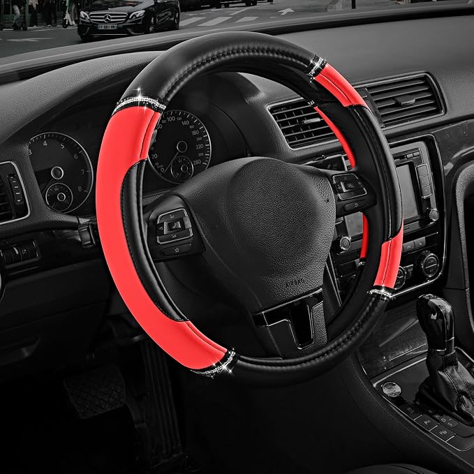 Leather Steering Wheel Cover - Made with PVC Leather - Anti-Slip, Universal Fit 14 1/2 inches to 15 inches - Red