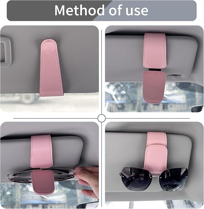 2 Pack Sunglasses Holder for Car Visor, Leather Magnetic Sunglass Holder for Car with Clip(Brown+Pink)
