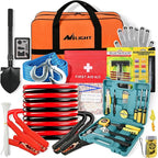 Car Emergency Kit with Jumper Cable, First Aid Kit Safety Assistance Tools for Travel Camping Outdoor Cars Truck SUV RV, Roadside Essentials with Flash Light