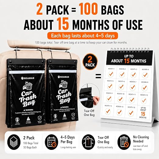 2Pack 50PCS Car Trash Bags, 2.5 Gal Leakproof & Smell Proof. Heavy-Duty Garbage Bags for car, SUV, Truck, RV. Stick-on or Headrest Mount. Alternative to Car Trash Can. Black